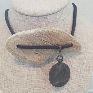Wooden Brown Leather Coin Tie Necklace
